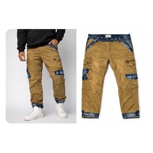Decibel Mens Cargo Moto Pants 40x32 Tan Denim Patchwork Utility